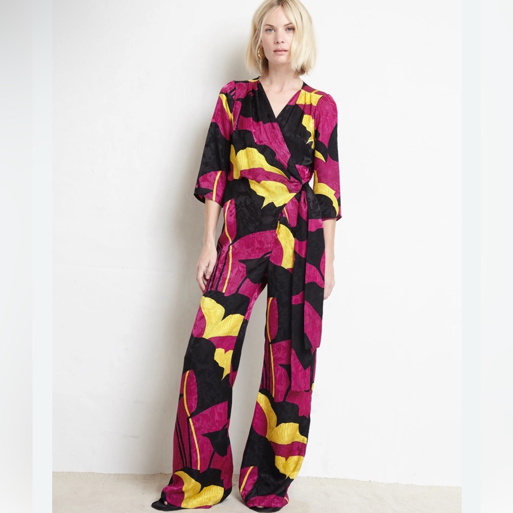 WARM NY Black Silk Jacquard Floral Print Wide Leg Jumpsuit size M NWOT
